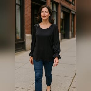 Pleione Medium Black Blouse with Ruffle Sleeves Light Weight Sheer Minimalist